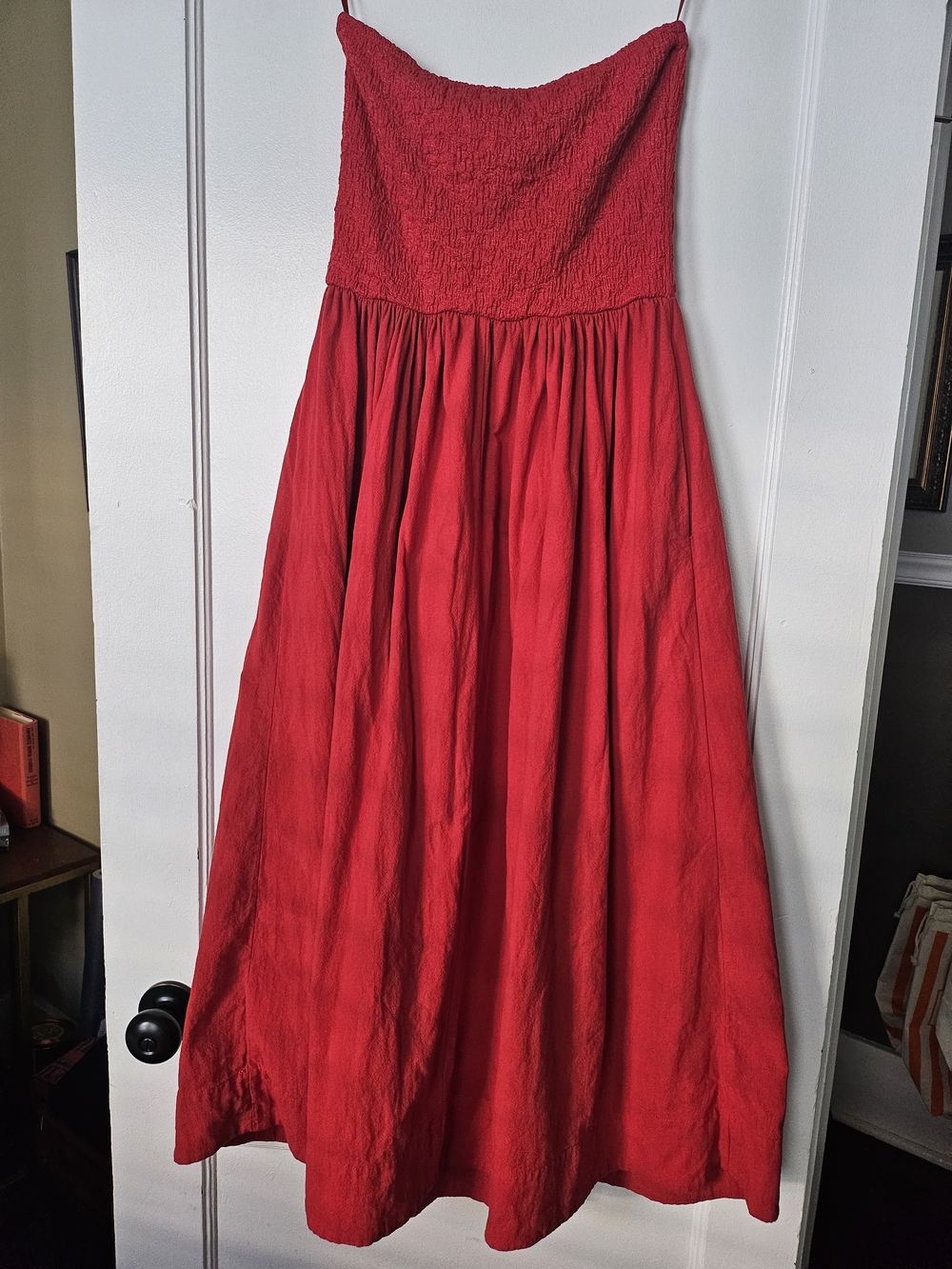 Strapless Red Maxi Dress with Smocked Bodice